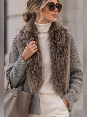 NEW BRUNELLO CUCINELLI gray thick 100% cashmere raccoon real fur trim sweater L